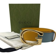 Authentic GUCCI Memorable Buckle Belt 709954 Light Blue Leather 36637507