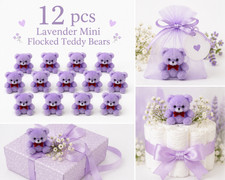 Lot of 12 Darice Craft Lavender Miniature 1" Flocked Teddy Bears w/ Red Bow Tie