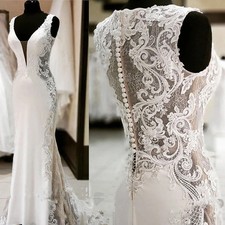 Sexy Mermaid Wedding Dresses Deep V Neck Lace Appliques Back Satin Bridal Gowns