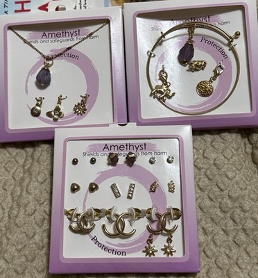 Unique Designs, Inc. Gold Tone Amethyst Jewelry Set Necklace Bracelet & Earrings
