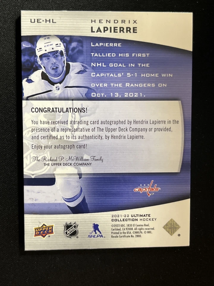 21-22 UD Ultimate Hockey Rookie Emblems Auto UE-HL Hendrix Lapierre - Image 2 of 2