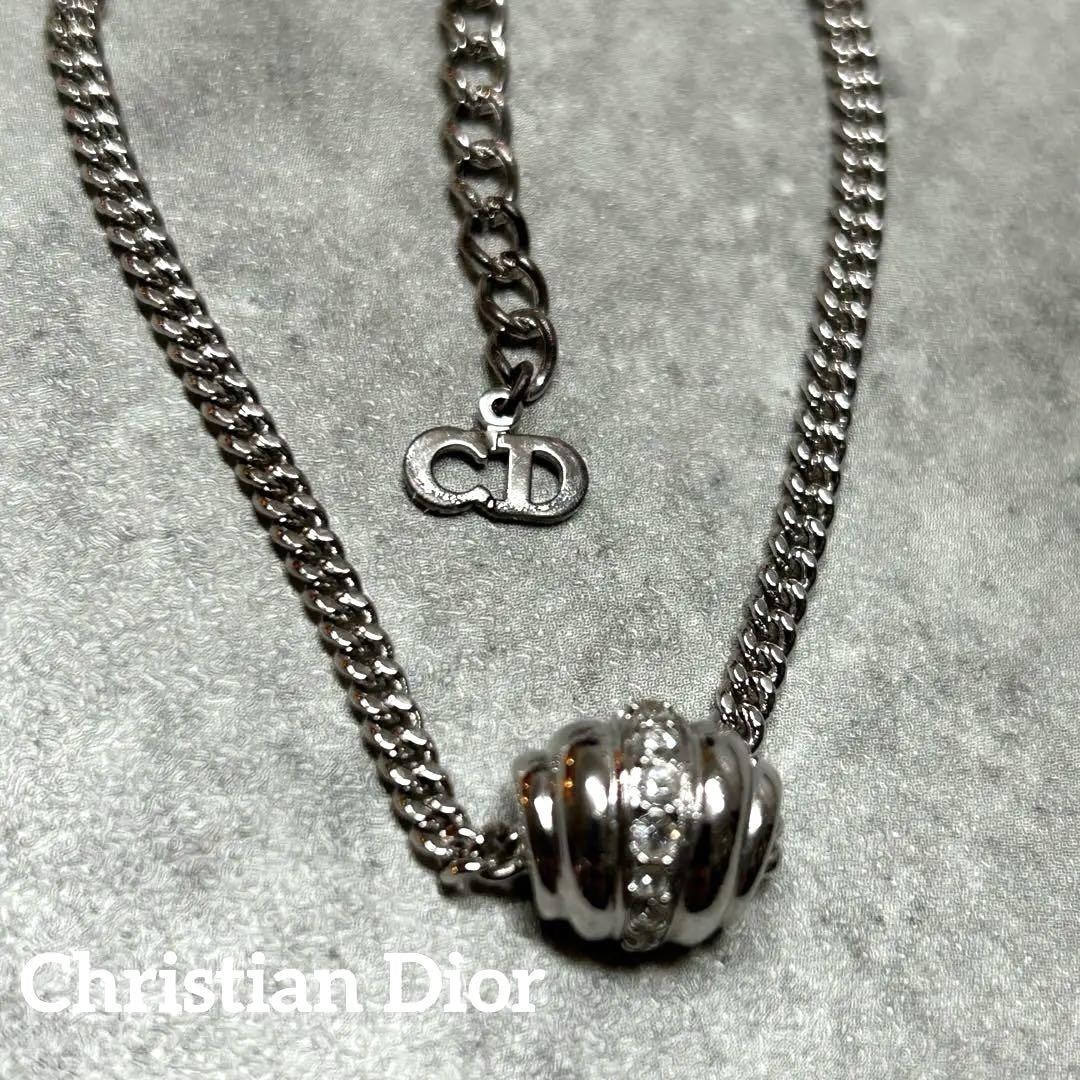 Vintage Christian Dior CD Logo Rhinestone Necklace Japan Used Metal Engraved
