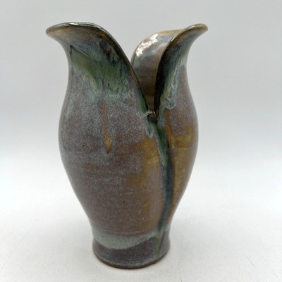 Studio Art Pottery Stoneware Drip Glaze Petal Vase 6.5'' Blue Purple Signed