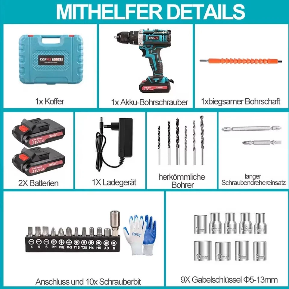 2 Battery 21V Heavy Duty Cordless Drill Combi Electric Impact Hammer Driver Set  - Image 2 of 4