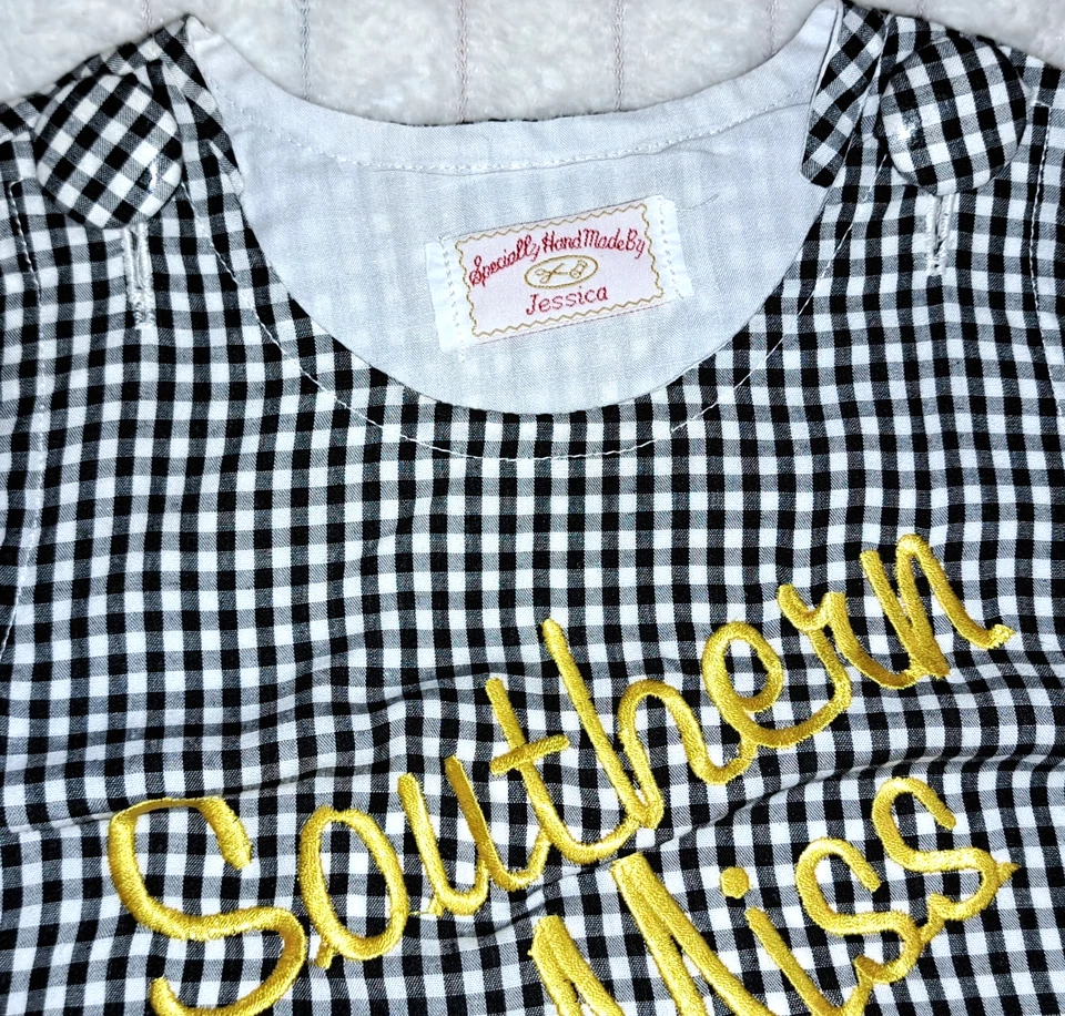 Niñas SOUTHERN MISS Vestido Jersey Personalizado 2T 3T USM Fútbol Negro Forrado Gingham Foto 3 de 4