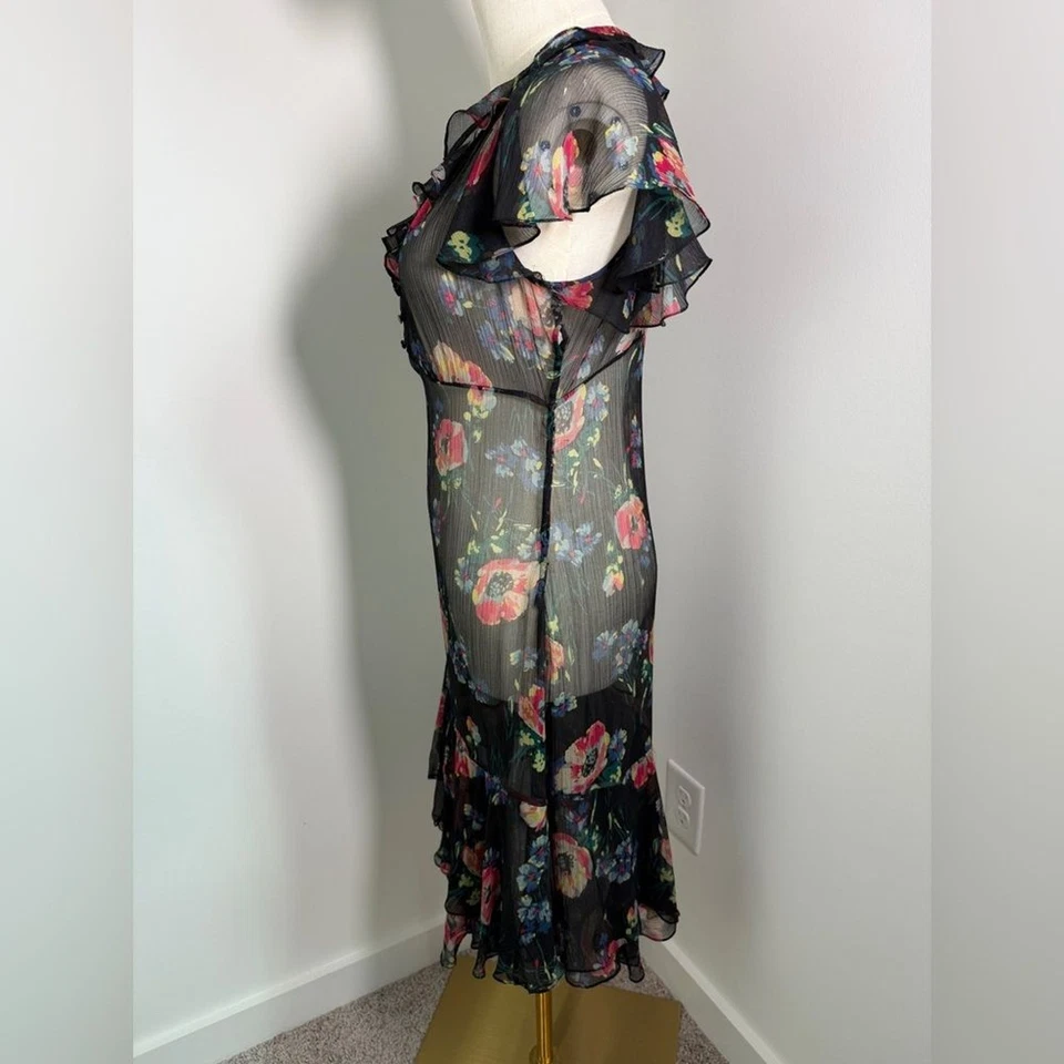 VINTAGE Y2K RALPH LAUREN Rugby 100% silk floral drop waist sheer DRESS 6 - Image 4 of 4