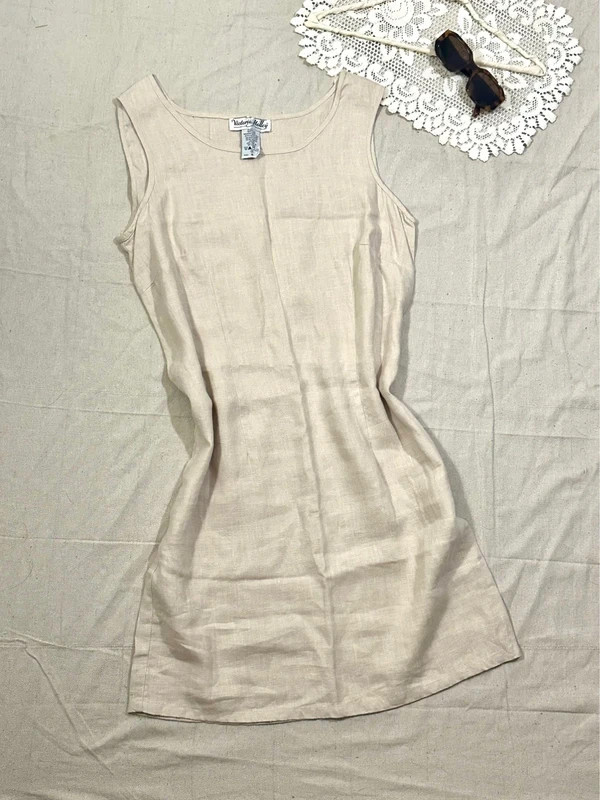vintage beige 100% linen Victoria Holley midi dress - size 16