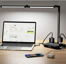 L mpara LED de escritorio con USB y tomas AC, luz de protecci n ocular. Negra