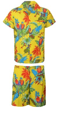 HERREN HAWAII HEMD KURZ HIRSCH STRAND HAWAII ALOHA AUSGEFALLEN GELB PAPAGEI SET