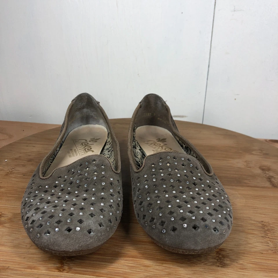 Rieker Zapatos 40 Mujer 9 Ballet Pisos Gris Perforado Gamuza Mocasín Informal Foto 3 de 4