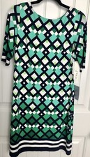 Eliza J Shift Dress Size SZ 6 Green Blue Geometric Print Short Sleeve NWT Zipper