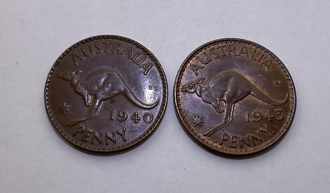 2 Australia 1 Penny Coins, 1940 M & 1943 Dot Perth Mint XF-AU | eBay