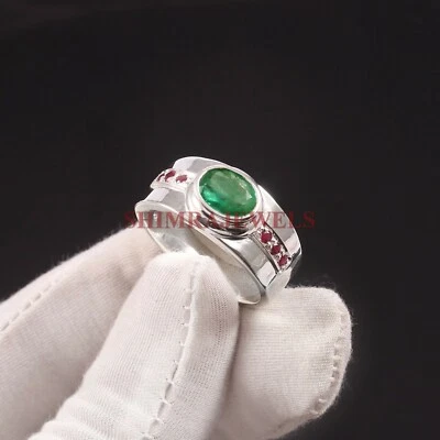 Natürlich Grün & Rubin Edelstein Mit 925 Sterlingsilber Ring für Herren #843 - Bild 1 von 4