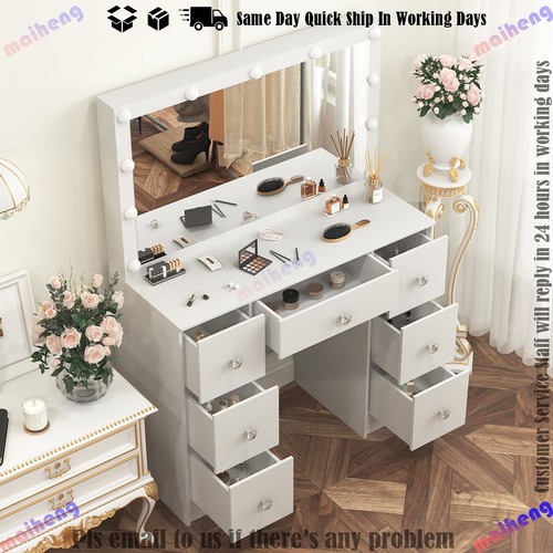 Large LED Lighted Mirror Makeup Dressing Desk Vanity Table with 7 Drawers White - Picture 5 of 12
