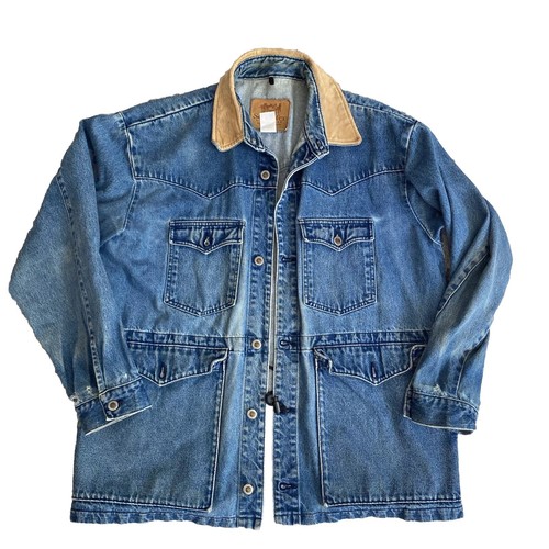 VTG Schaefer Outfitter Denim & Leather Coat Large Barn Field Farm Outdoor EUC