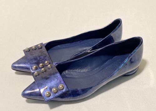 Delman Slate Blue Distressed Pointed Flats Patent Women's Shoes 6M Made In Spain