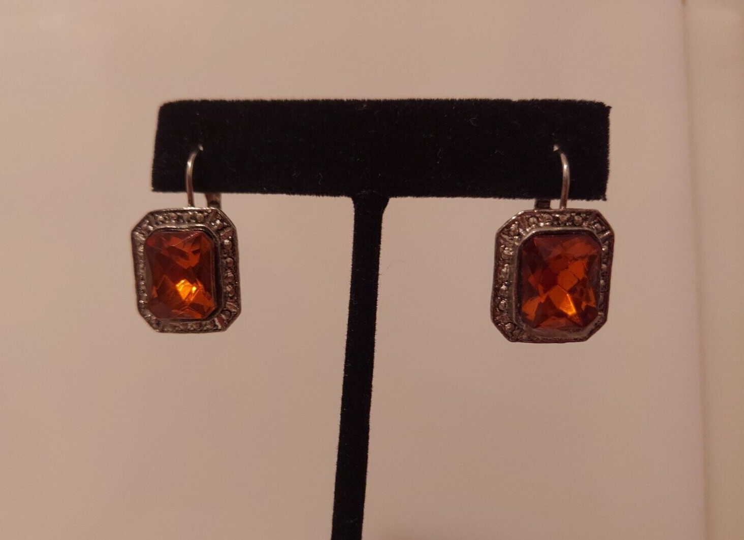 rectangular drop earrings brown stone w/ faux mar… - image 1