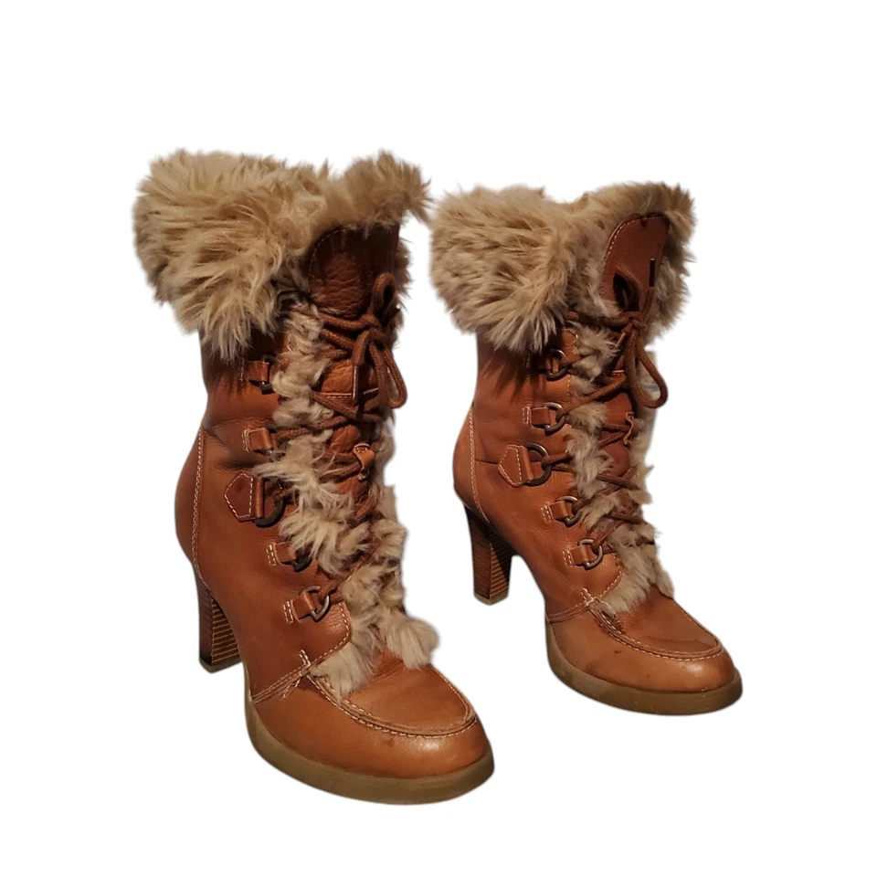 Botas de campus Report de cuero marrón con cordones de tacón medio de la pantorrilla para mujer talla 8 Foto 4 de 4