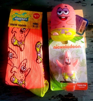 x3) SpongeBob SquarePants PATRICK Mini Plush + Nickelodeon Figurine & Crew Socks