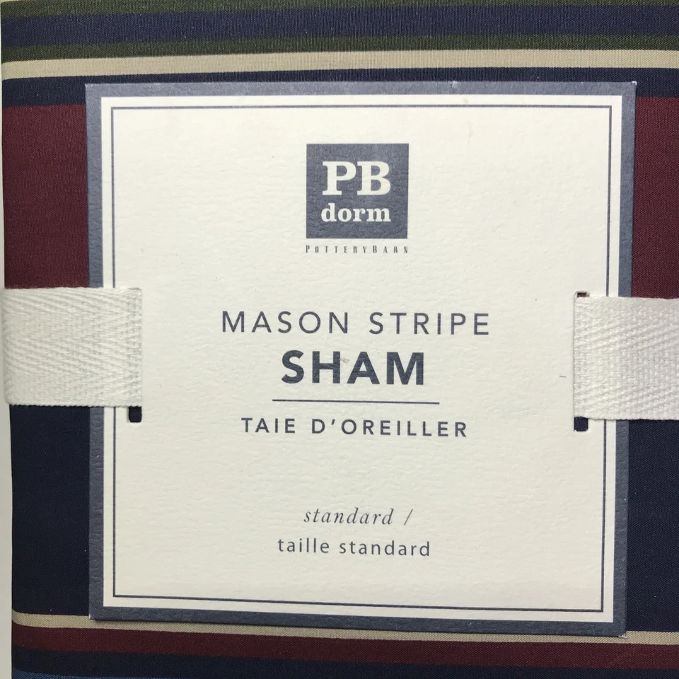 Almohada Pottery Barn Sham Estándar PB Dormitorio Adolescente Albañil Rayas Azul Borgoña NUEVA Foto 3 de 3