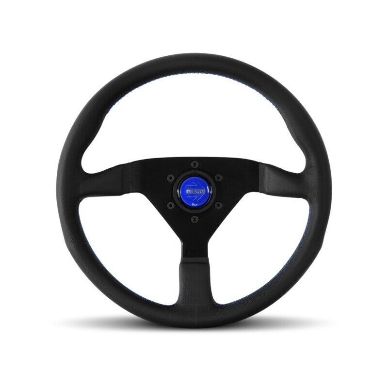Momo Monte Carlo 350MM Black Leather Steering Wheel W/ Blue