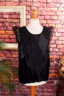 Vintage orig 80er Patchwork Top Bluse Satin Spitze Gothic New Wave M