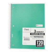 3 Pack Mead Spiral Notebook, College Ruled, 3 Subject, 120 Sheets
