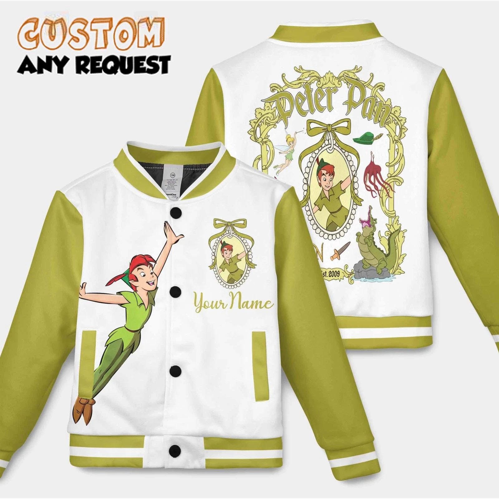 Personalized Peter Pan Coquette Bow Mirror Flying To Neverland Baseball Jacket