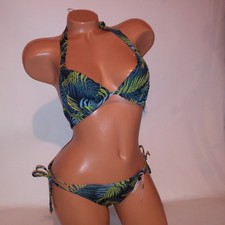 Victoria Secret Swim Bikini XS Top  Bottom Black Green Tropical Palm Leaves New