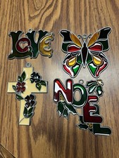 Vtg Christmas Ornaments Faux Stained Glass Sun Catchers Lot Of 4