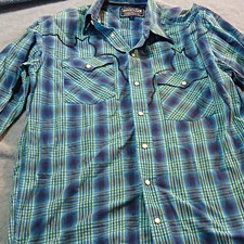 Ely Cattleman Men  s M Blue/Green Plaid Long Sleeve Collared Pearl Snap Shirt