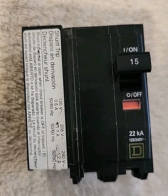 SQUARE D QOB2151021 2 POLE 15 AMP SHUNT TRIP CIRCUIT BREAKER  PRISTINE CONDITION