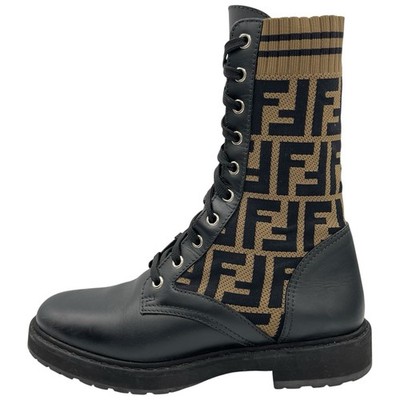 Fendi FF Rockoko Stretch Fabric Black Tobacco Leather Biker Boots EU 37 US 7