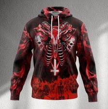 Red Black Occult Goat Skull Hoodie, Baphomet Style Inverted Cross Pullover
