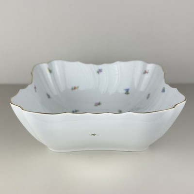 Herend Hungary Porcelain Large Square Bowl Flowers Gold Rim 1180 MF EXC