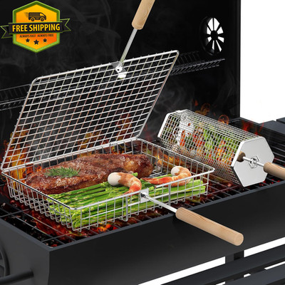 Rolling Grill Basket Set 304 Stainless Steel Removable Handle For Fish Veggies
