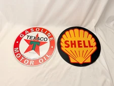 Shell Texaco Gasoline Motor Oil Tin Metal Advertising Sign Signs LOT Of 2 USA