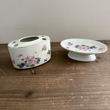Vintage Pedestal Soap Dish And Matching Toothbrush Holder Set Floral Cottagecore