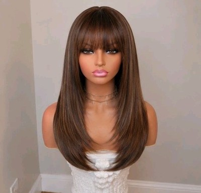 Wig - Human Hair Blend - Long Straight Layered Dark Brown Bangs Heat Resistant