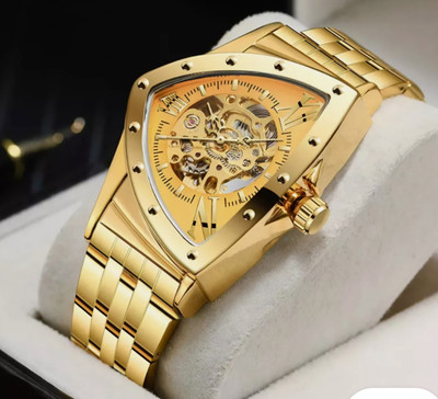 Forsining Mens Big 43mm Skeleton Triangle Water Proof Watch Manual Wind Gold 