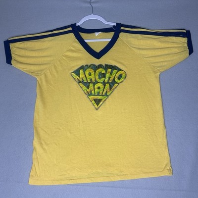 Vintage Macho Man Shirt Mens Large Yellow 80s Iron-On Glitter V-Neck USA
