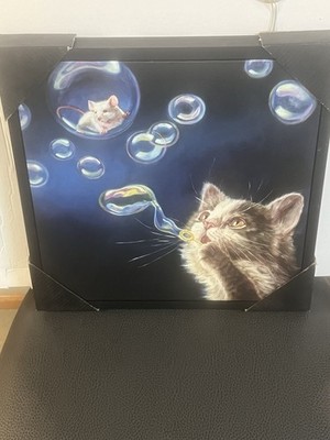 Cat And Mouse Blowing Bubbles Sleek New Black Canvas Print Bedroom, Office, Art￼