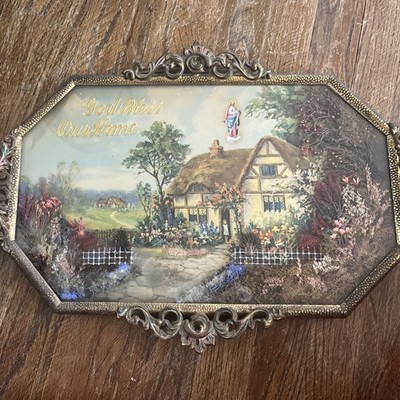 Antique God Bless Our Home Religious Framed  MetalGlass Picture w/Dried Flowers
