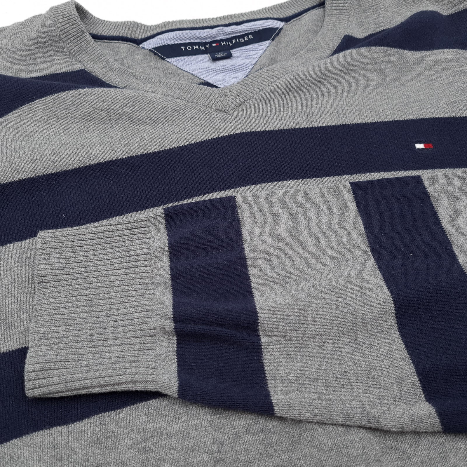 Tommy Hilfiger Mens Pullover Sweater Grey Cotton Striped Classic Sl0 Size L thumbnail 7