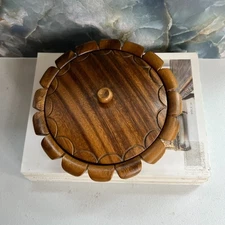 Vintage Teak Wood Covered Bowl Handcrafted Round Scallop Lid Dish