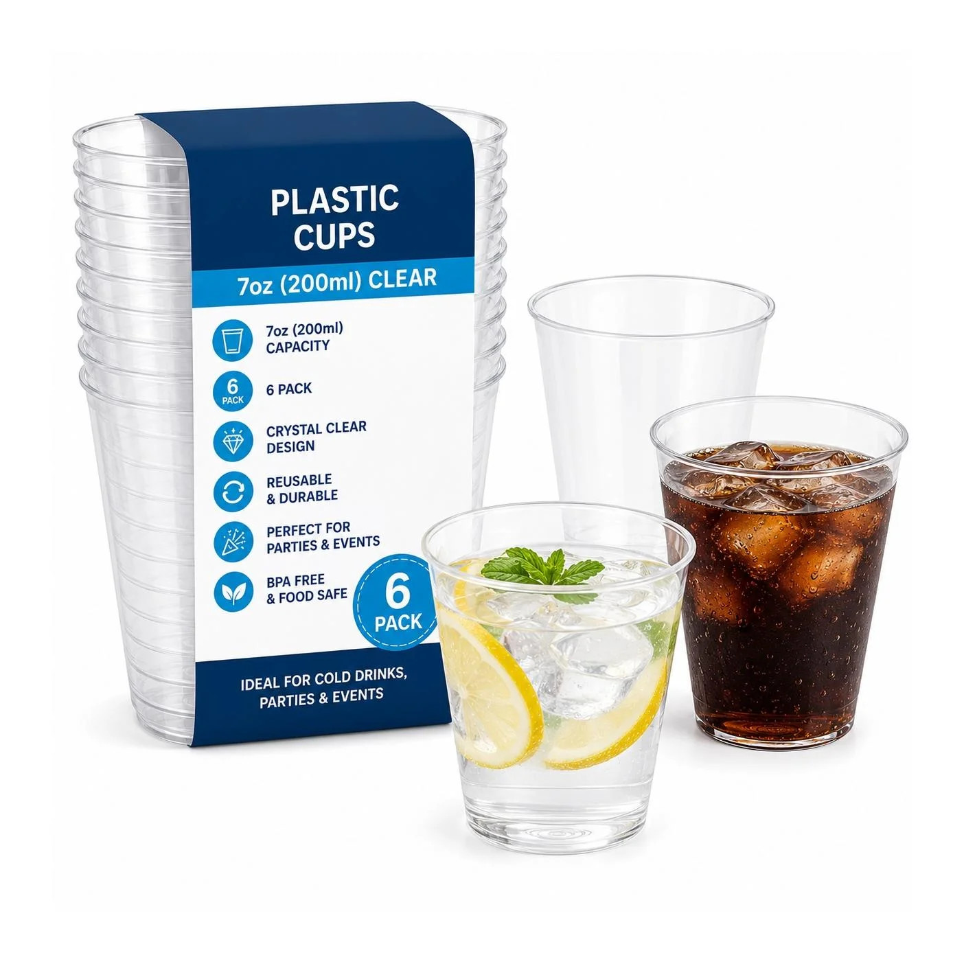 Plastic Cups Clear 7oz 200ml 6 Pack Reusable Drinking Party Cups Events