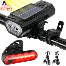 Bike Bicycle Headlight Taillight w/ Horn Set Solar USB Rechargeable Waterproof