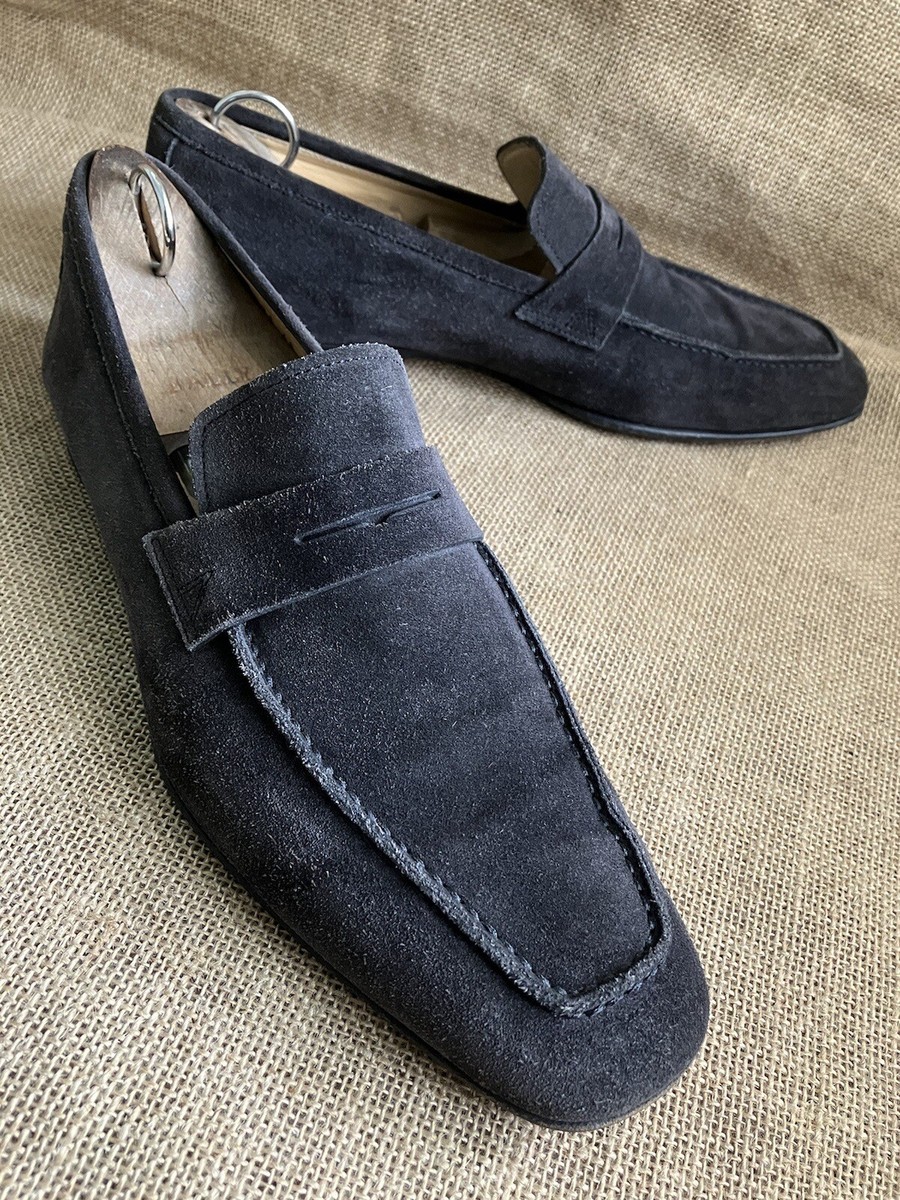 Santoni Mens Dark Grey Suede Slip On Penny Loafers Size UK  display picture 3