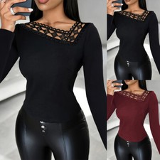 Lace Women Slim Fit Long Sleeve Party T-Shirt Tops Lady Casual Blouse Pullover