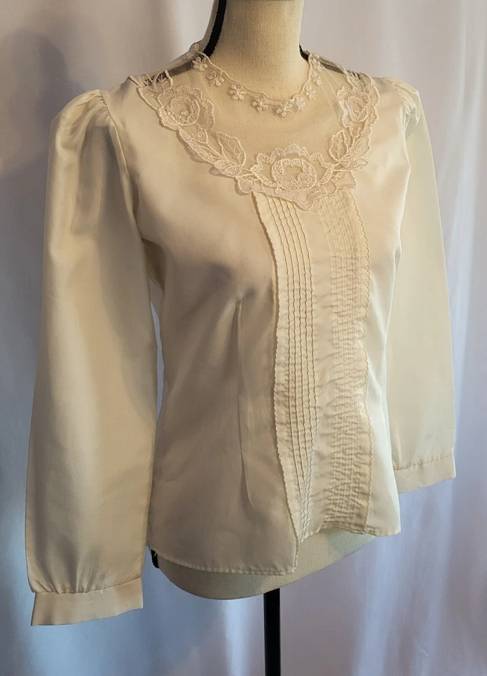 Blusa de encaje estilo victoriano/edwardiano vintage manga abullonada pintuck marfil blanco S Foto 4 de 4